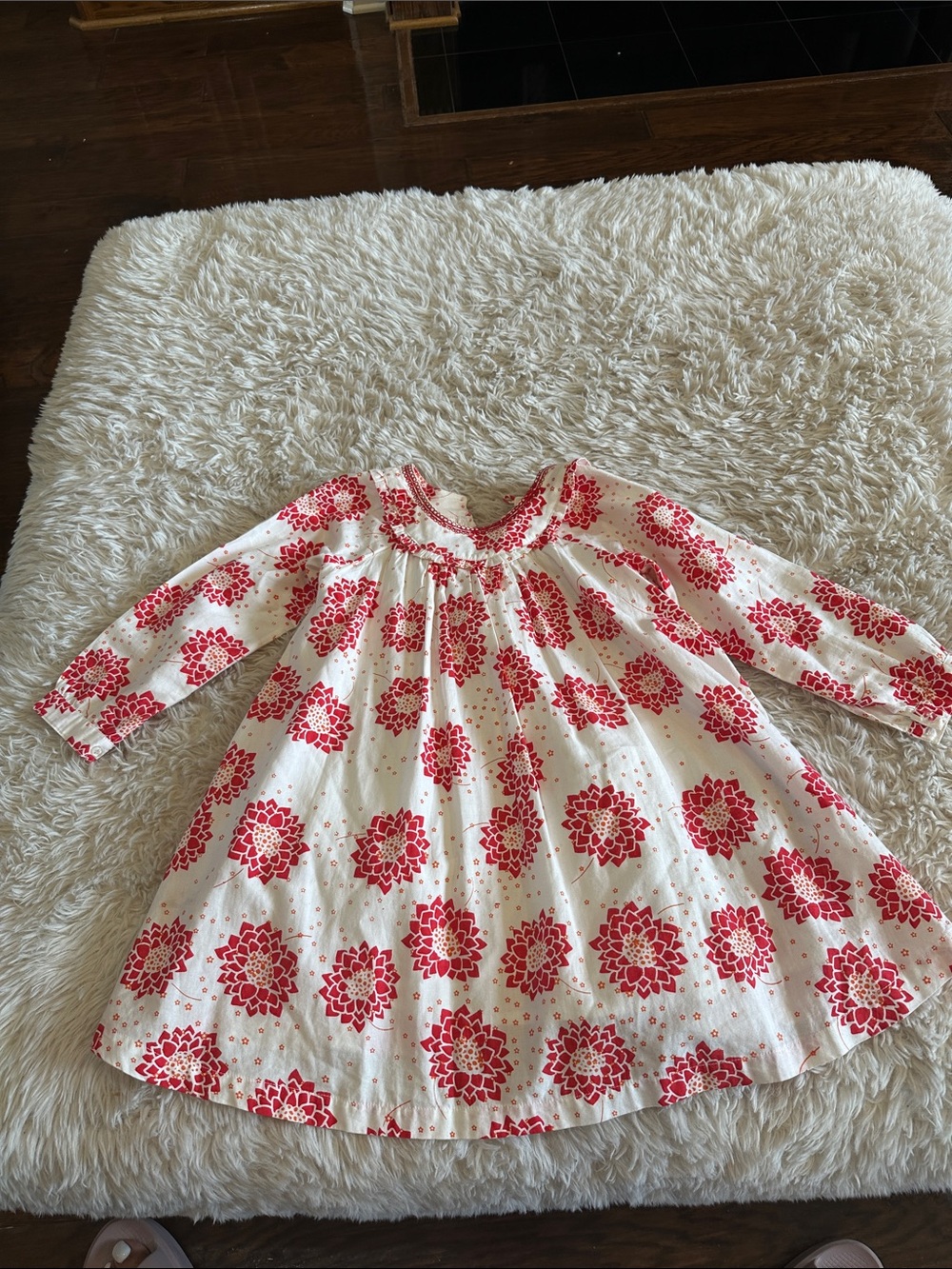 Girls' White Dress with Red Floral Print